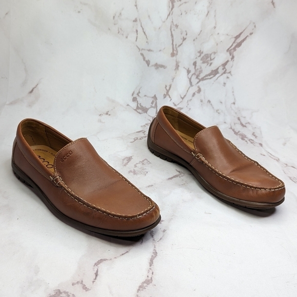 Ecco Loafers Men 8.5 42 Brown Leather Penny Driving Boat Leather Slip On Shoe